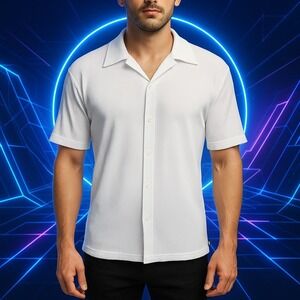 YMLA‎ Men's White Pleated Shirt M 90s Rave Club Wear Button Up Retro Vintage Y2K
